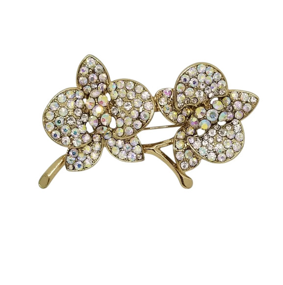 VINTAGE GOLDTONED WITH AURORA BOREALIS RHINESTONES FLOWERS DESIGN BROOCH - Picture 1 of 4